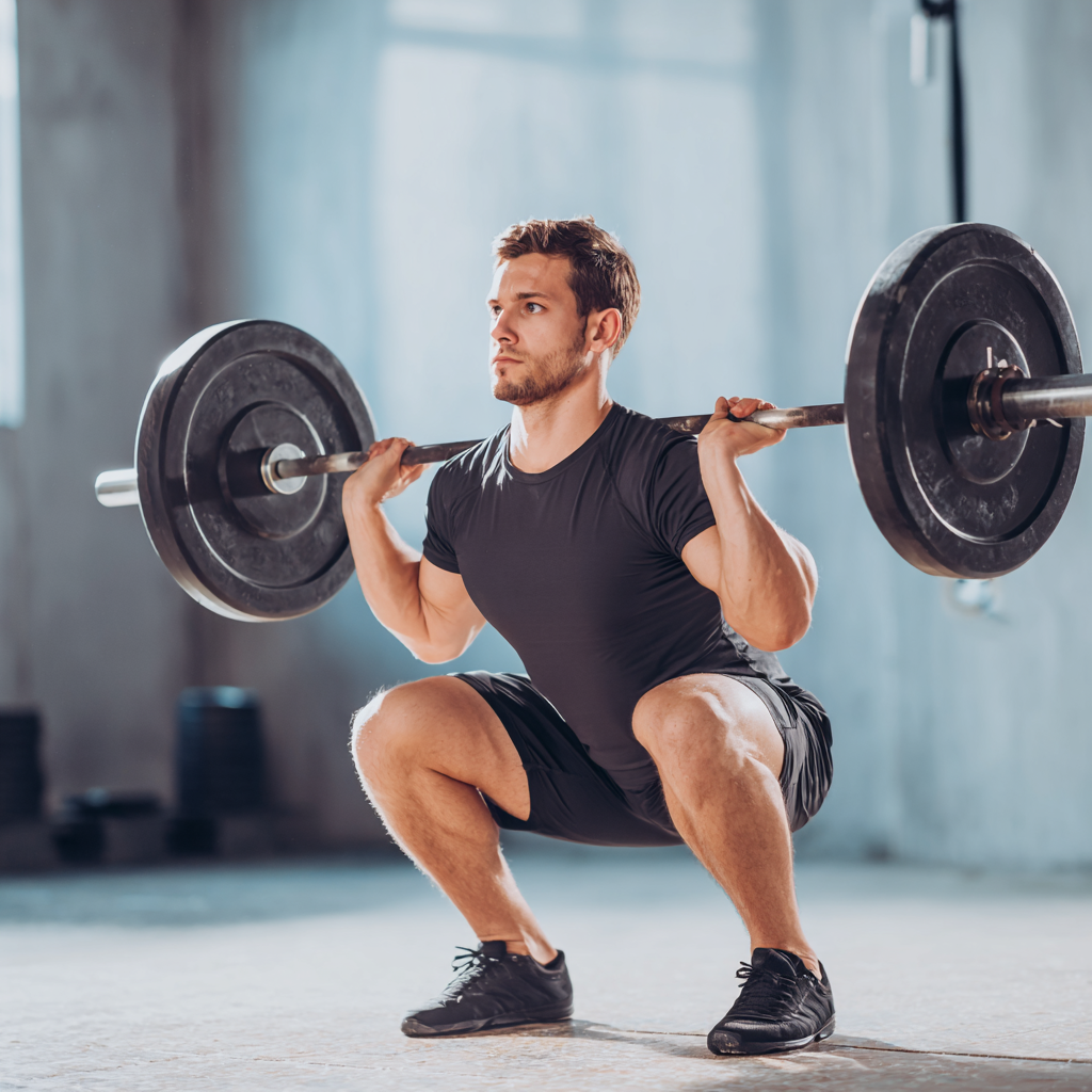 Athletic man demonstrating proper form during strength training session