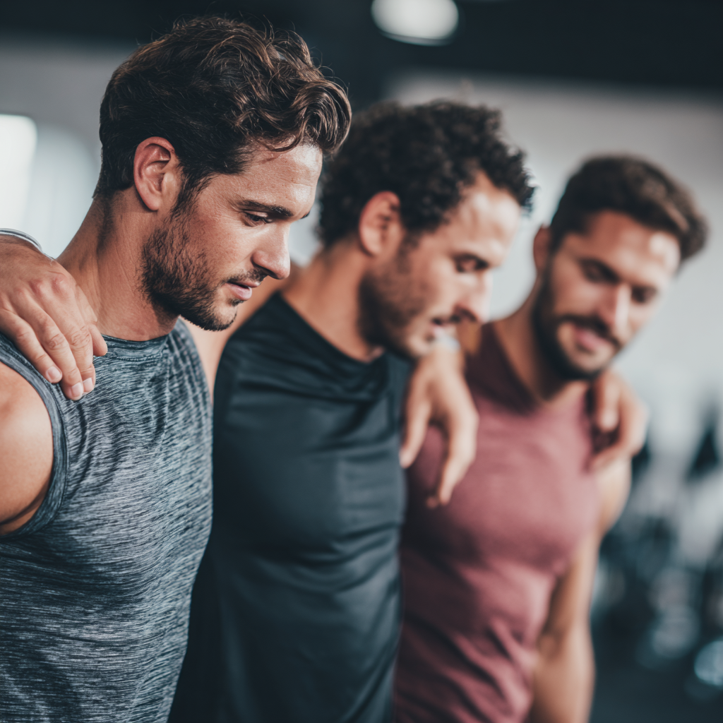 Group of motivated men supporting each other during fitness training