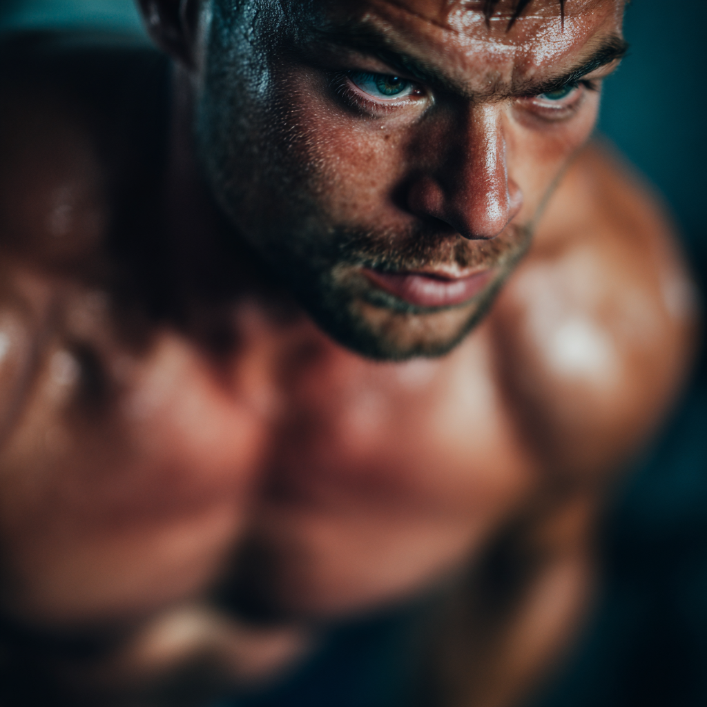 Muscular man performing intense workout with determination and focus